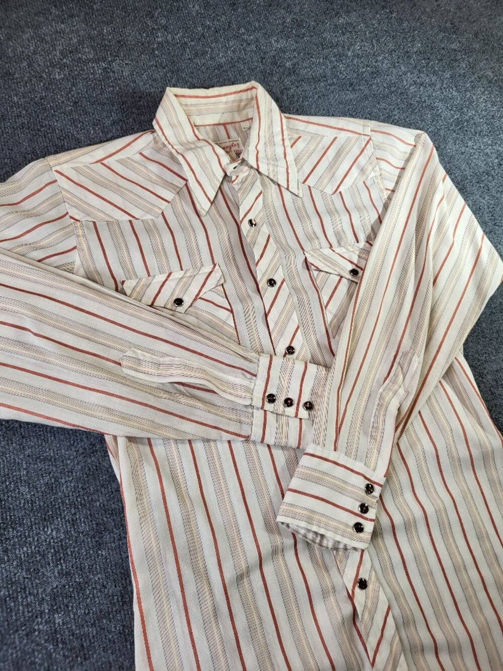 Vtg 70's Wrangler Pearl Snap Western Shirt USA Made 15/34 Long Tail Striped Rare